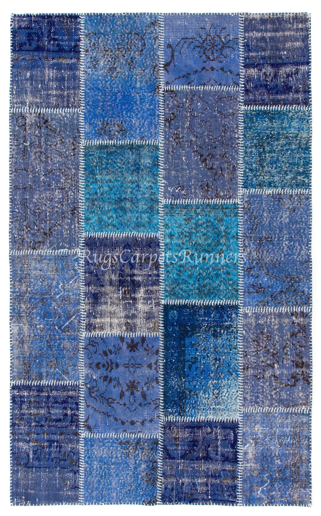 Modern Handmade Patchwork Rug in Shades of Blue, Wool and Cotton ...