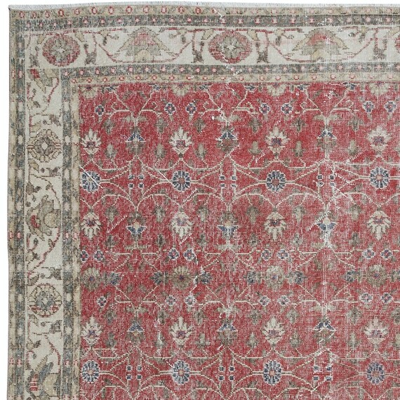 7.2x10.6 Ft Vintage Handmade Turkish Rug in Red & Beige With
