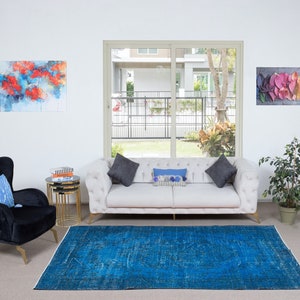 5.6x8.2 Ft Handmade Blue Area Rug from Turkey, Modern Turkish Wool Carpet. NTEK1003