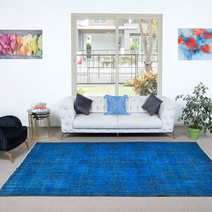6.7x10.5 Ft Blue Modern Area Rug, Large Overdyed Carpet, Handmade Living Room Carpet in Sapphire Blue. NTEK1030