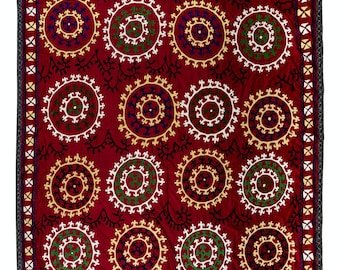 6.8x7.2 Ft Uzbek Luxury Blanket, Silk Embroidery Bed Cover, circa 1970, Decorative Wall Hanging, Suzani Tablecloth. NRS138