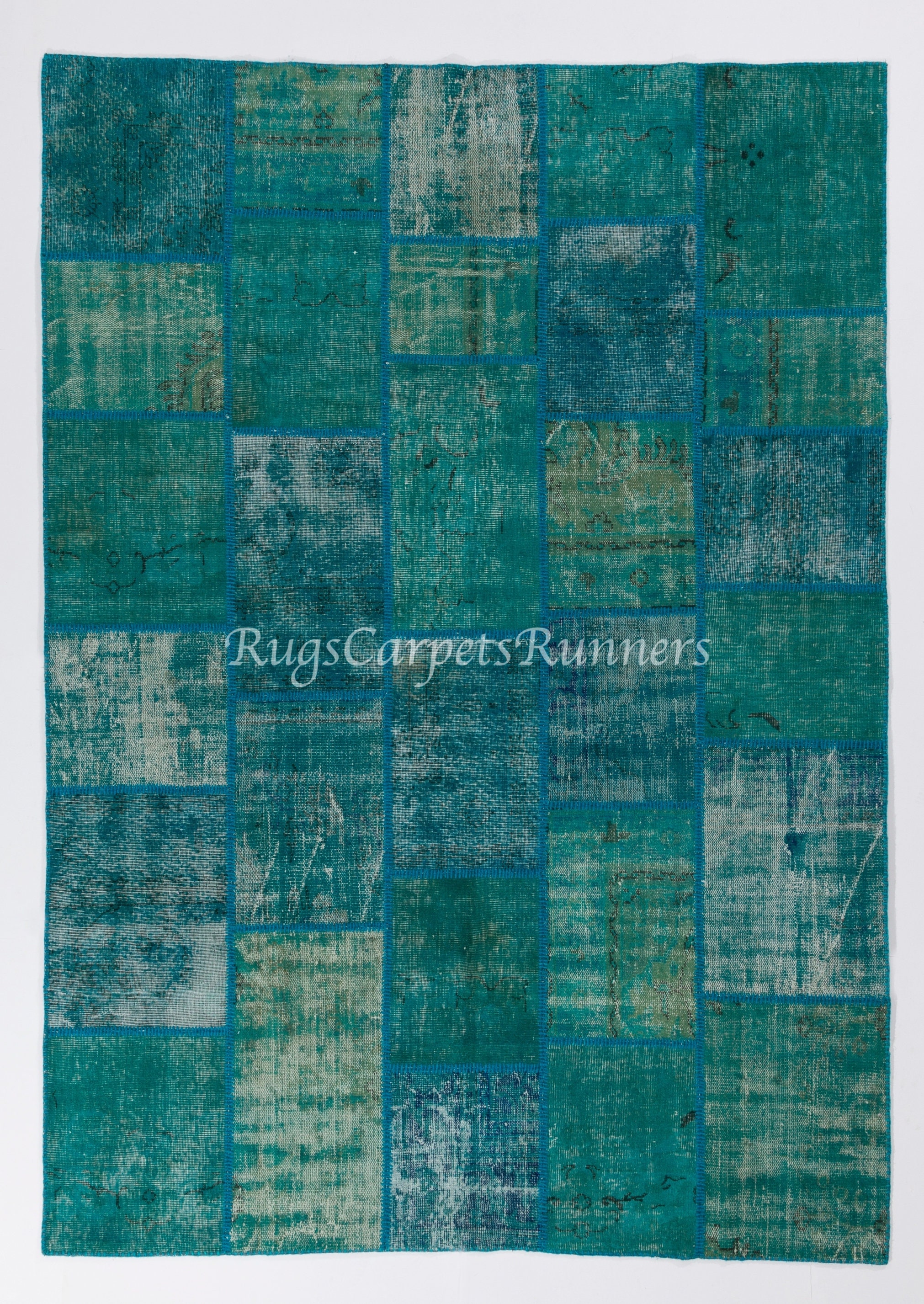 Contemporary Turkish Patchwork Rug in Green and Teal Blue