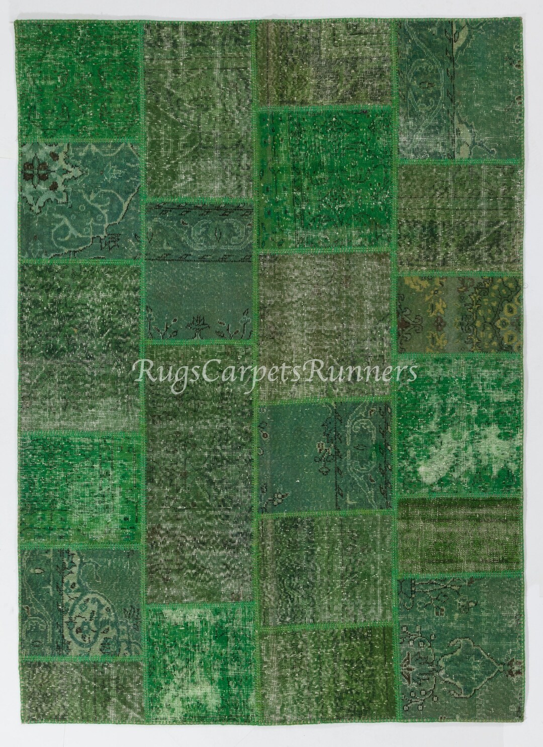 Handmade Patchwork Rug in Green Colors, Wool and Cotton Turkish Carpet ...