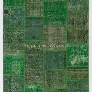 Handmade Patchwork Rug in Shades of Green, Wool and Cotton Turkish Carpet. Custom Colors & Sizes Available. ND520