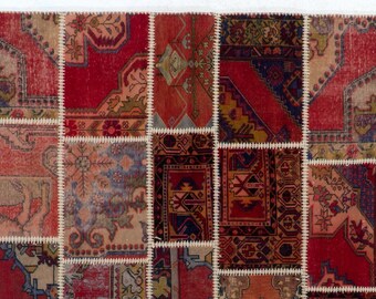 Modern Handmade Patchwork Rug, Wool and Cotton Turkish