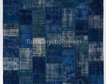 Modern Blue Handmade Patchwork Rug, Navy Blue Hand Knotted Turkish Carpet. ND378