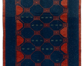5x6.6 Ft Modern Geometric Rug in Navy Blue and Red Colors, Hand-knotted Turkish Carpet, 100% Wool. NC1349
