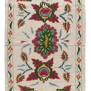 19&quot;x34&quot; Uzbek 100% Silk Embroidered Wall Hanging, Boho Wall Decor, Flower & Pomegranate Design Suzani Tapestry. NRS174