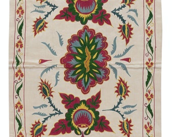19"x34" Uzbek 100% Silk Embroidered Wall Hanging, Boho Wall Decor, Flower & Pomegranate Design Suzani Tapestry. NRS174