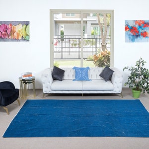 6.5x10 Ft Modern Handmade Rug in Sapphire Blue, One-of-a-kind Upcycled Carpet, Turkish Floor Covering. NTEK1543