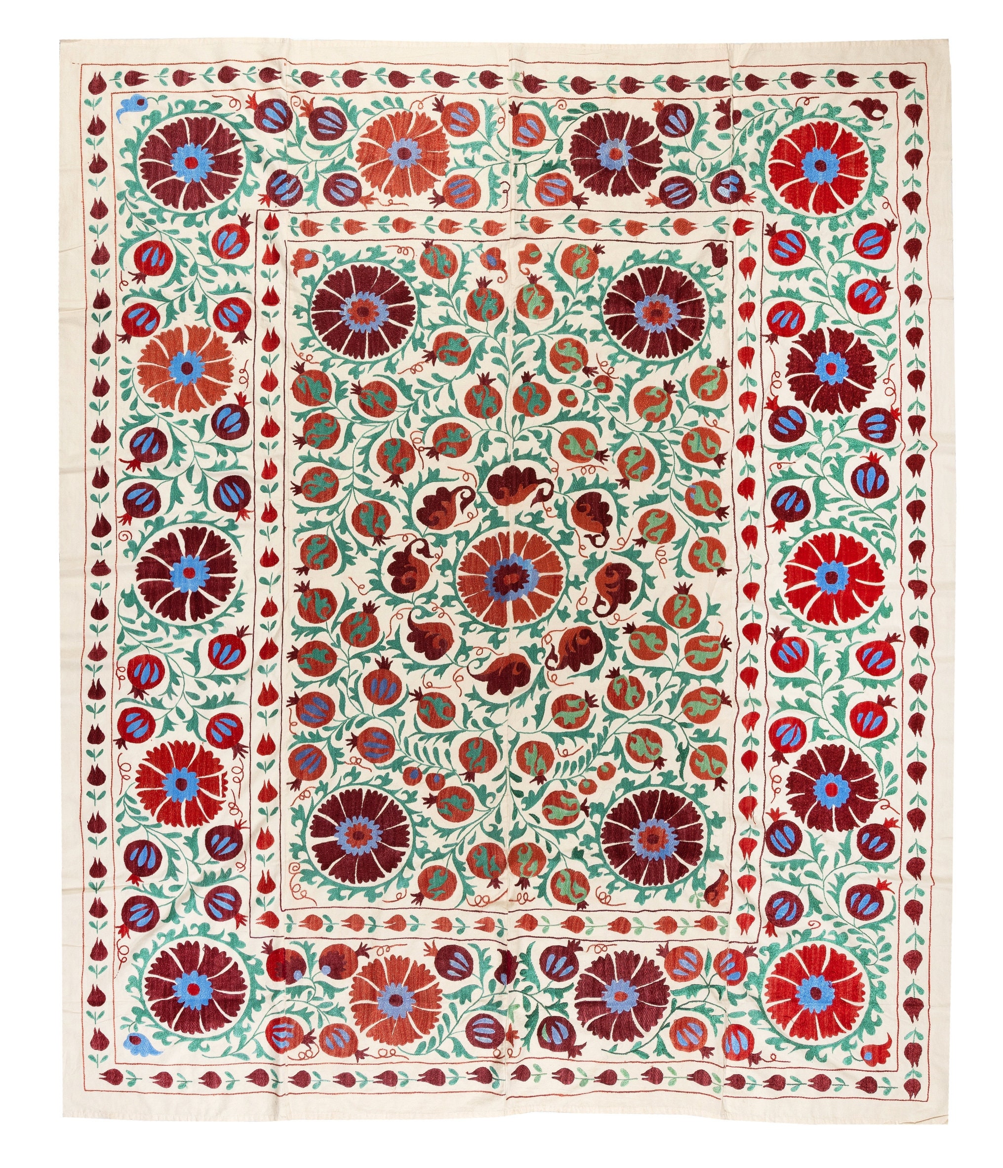 6.8x7.9 Ft Modern Silk and Cotton Suzani Textile, New Uzbek Hand Embroidery Wall Hanging or Bed Cover. NRS30