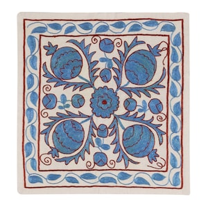 18&quot;x18&quot; Suzani Hand Embroidered Silk Cushion Cover in Cream & Light Blue Color, Decorative Pillowcase From Uzbekistan. NRM318