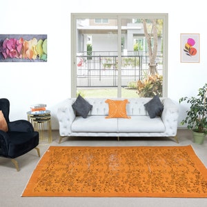 6x8.8 Ft Modern Hand-Made Floral Design Turkish Area Rug with Squash Orange Border & Apricot Orange Field. NTEK1150