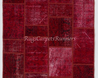 Modern Handmade Patchwork Rug in Shades of Red, Wool and Cotton Turkish Carpet. Custom Colors & Sizes Available. ND74