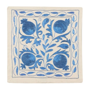 19&quot;x19&quot; Silk Embroidery Suzani Cushion Cover in Cream and Light Blue Color, Decorative Central Asian Pillowcase. NRM121