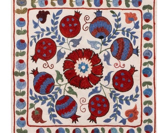 18"x18" Hand Embroidered Silk Cushion Cover with Pomegranates Design, Decorative Suzani Pillow Sham From Uzbekistan. NRM303