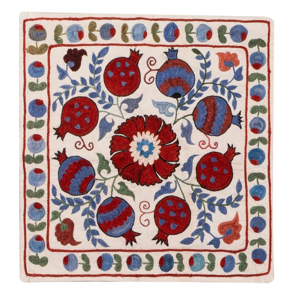 Housse de coussin en soie brodée à la main avec motif grenades, 40 x 40 cm, taie d'oreiller Suzani décorative d'Ouzbékistan. NRM303