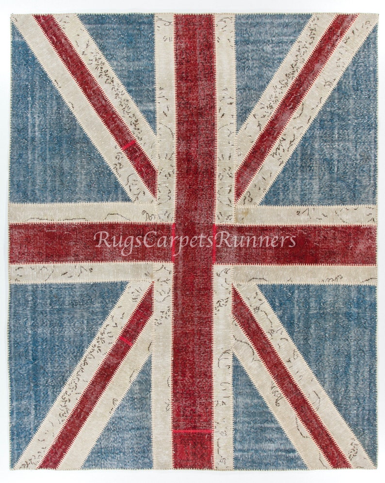 Handmade Patchwork Rug in Blue, Red & Beige Colors. Union Jack British