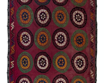 May include: A red textile with a repeating pattern of embroidered circles. The circles are filled with a variety of colors, including green, blue, yellow, and white. The textile has a black border with a geometric pattern.