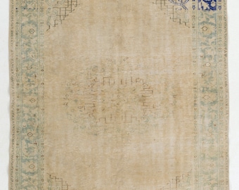 5.7x8 Ft One-of-a-Kind Vintage Distressed Handmade Turkish Wool Rug in Beige, Soft Blue and Indigo. NC582