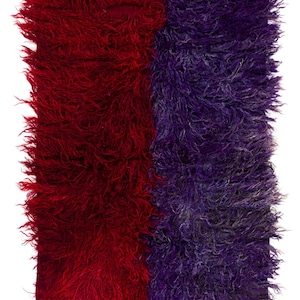 4.2x7 Ft Vintage Shag Pile Tulu Rug in Red and Violet Blue Color, 100% Organic Mohair, Handmade Flokati Carpet. NKEF131