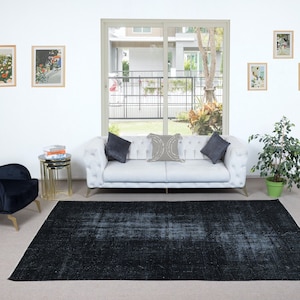 6.7x9.7 Ft Overdyed Wool Black Area Rug, Handmade in Turkey, Modern Upcycled Large Carpet. NTEK1070