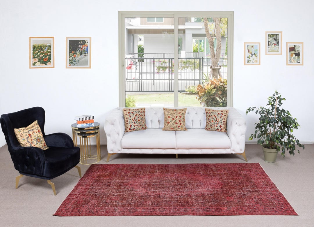 5.2x9 Ft Red Overdyed Vintage Area Rug, Handwoven and Handknotted in ...