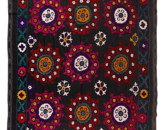 6.4x7.8 Ft Hand Embroidered Bed Cover, Vintage Wall Hanging From Uzbekistan, Suzani Textile Tablecloth, Rustic Throw. NRS50