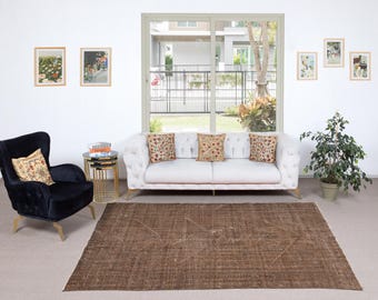 5.8x9 Ft Overdyed Brown Wool Rug | Handmade Turkish Vintage Area Rug for Living Room | NTEK2408