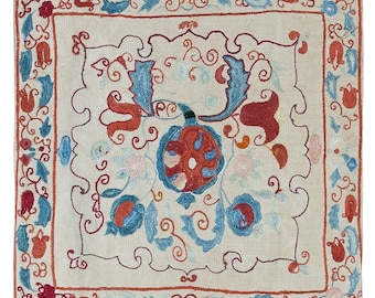 18"x19" Central Asian Suzani Textile Throw Pillow, 100% Silk Cushion Cover, Hand Embroidery Pillowcase. NSC73
