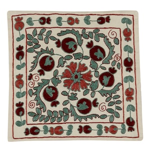 18&quot;x19&quot; Silk Hand Embroidered Cushion Cover, Uzbek Suzani Pillow Case with Floral Design. NMR40