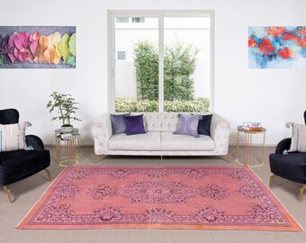 5.6x9 Ft Handmade Pink Over-Dyed Rug, Vintage Turkish Carpet for Modern Living Room and Office Decor. NTEK0842