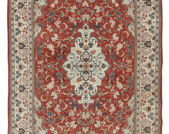 トルコ製、ハンドメイドのヴィンテージメダリオンデザインラグ。4x7.4