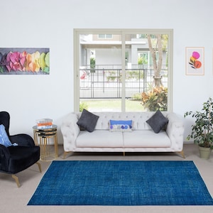 5.3x8.8 Ft Handmade Turkish Wool Area Rug in Solid Blue 4 Modern Interiors. NTEK1015