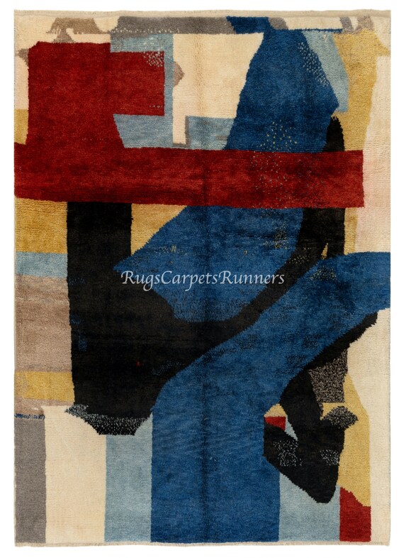 Contemporary Abstract Hand-Knotted Rug in Red, Blue, and Black Wool, Custom Made. NT128