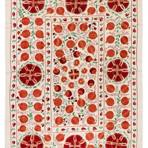 4.6x6.3 Ft Hand Embroidery Silk & Cotton Wall Hanging, Handmade Bed Cover, Suzani Fabric Tablecloth, Asian Tapestry, Boho Wall Decor. NRS56