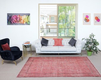 6x9.6 Ft Red Color Handmade Area Rug for Living Room, Shabby Chic Turkish Floor Rug for Dining Room. NTEK2306