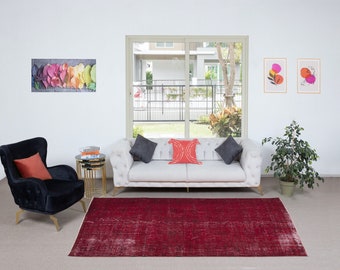5.7x9 Ft Contemporary Area Rug in Red, Handmade in Turkey, Decorative Living Room Carpet, Woolen Floor Covering. NTEK1384