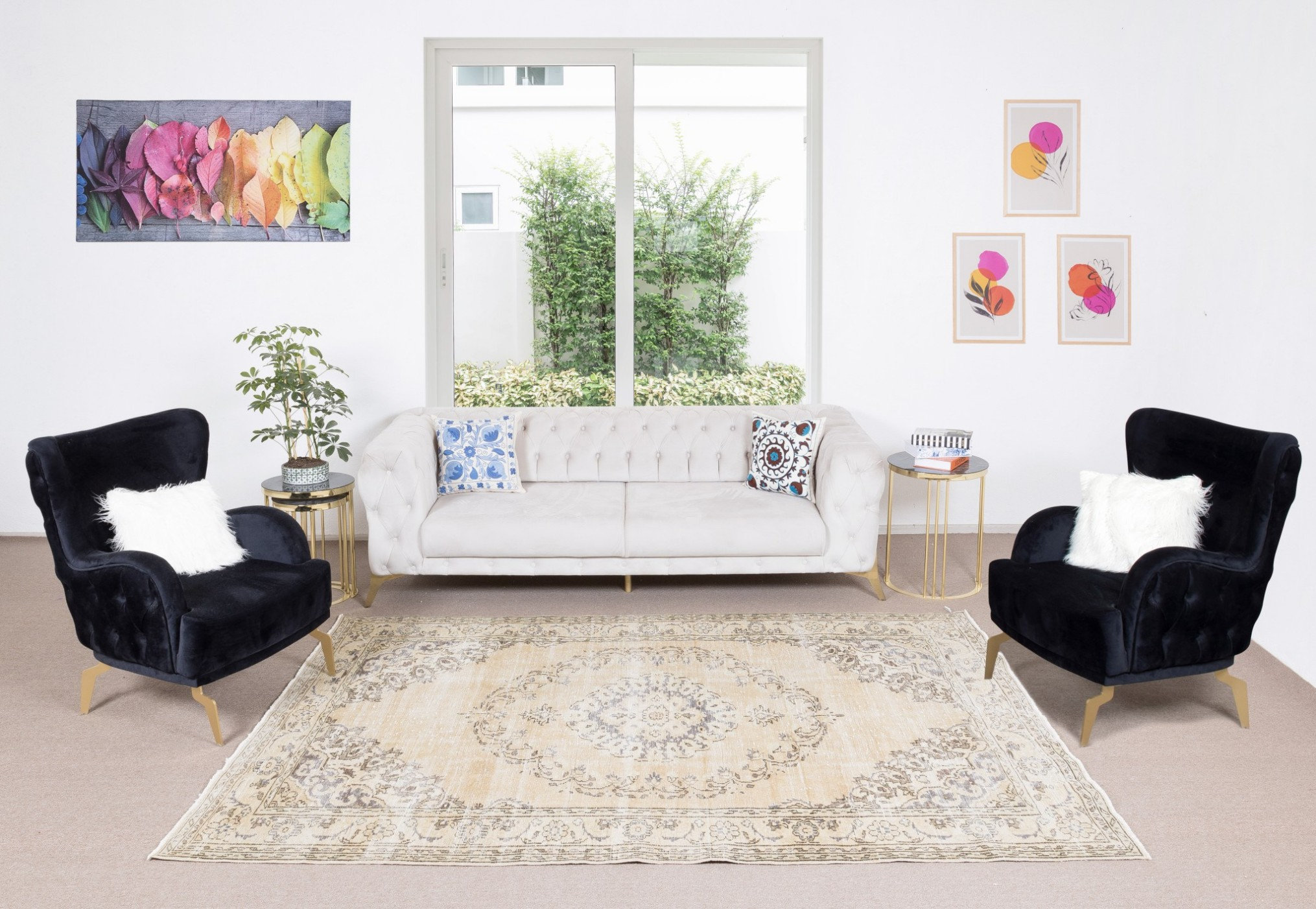114×192 \"Forest walk”ViNTAGE TURKiSH RUG 8' X 11' Vintage Turkish Rug, Cream & Off-White - Kluks