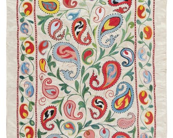 21x36 in Traditional 100% Silk Wall Hanging. Embroidered Tablecloth. Boho Wall Decor. Handmade Throw. NST59