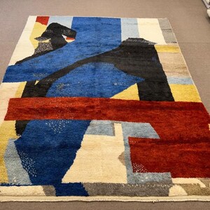 Contemporary Abstract Hand-Knotted Rug in Red, Blue, and Black Wool, Custom Made. NT128 image 5