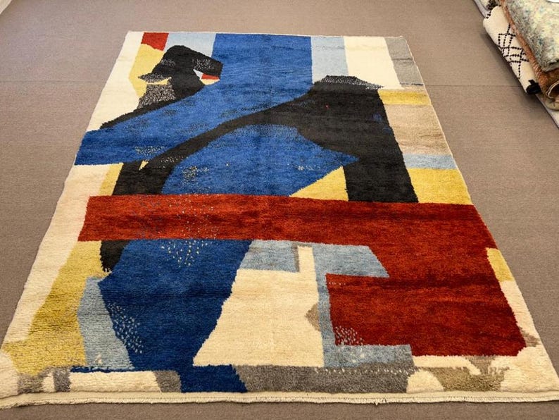 Contemporary Abstract Hand-Knotted Rug in Red, Blue, and Black Wool, Custom Made. NT128 image 5