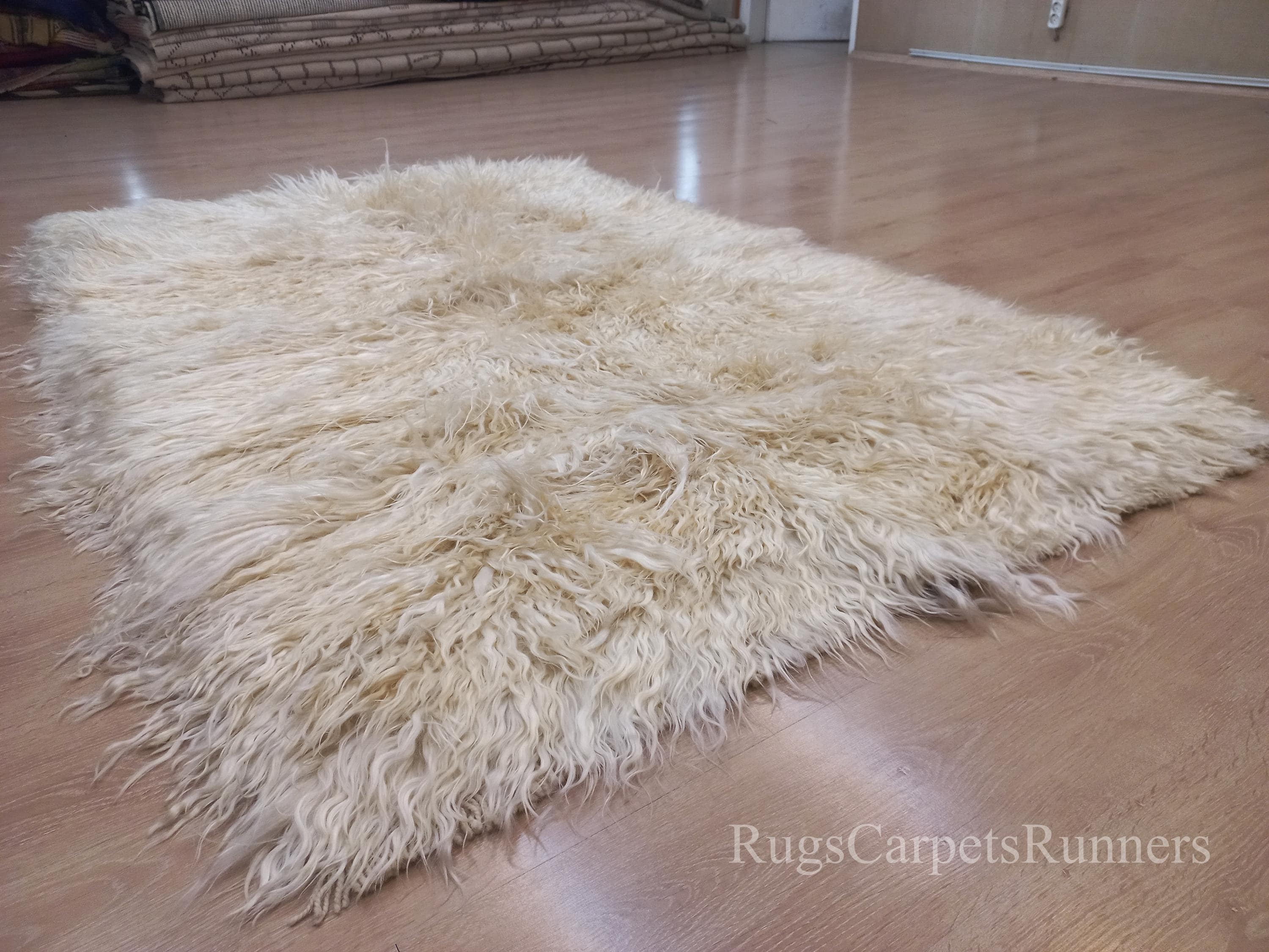Handmade Shag Pile Mohair Rug Made of Un-dyed Natural Cream Wool