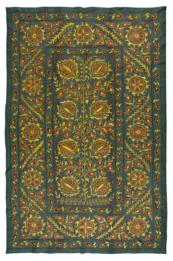 4.6x7 Ft Silk Hand Embroidery Wall Hanging, Green Bed Cover, Suzani Fabric Tablecloth, Rustic Tapestry, Uzbek Wall Decor. NRS5