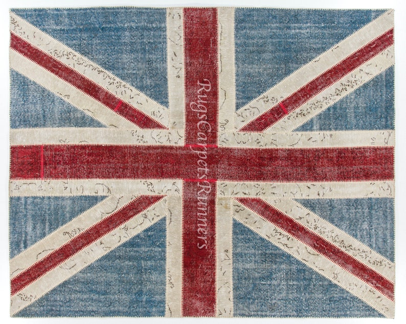Handmade Patchwork Rug in Blue, Red & Beige Colors. Union Jack British