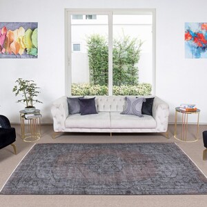 5.2x8.4 Ft Handmade Turkish Rug Over-Dyed in Gray for Modern Interiors, Vintage Medallion Design Carpet. NTEK0469