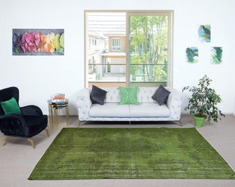 6.6x9.4 Ft Green Handmade Area Rug for Living Room. Shabby Chic Turkish Carpet for Entrance, Bedroom &amp; Dining Room. NTEK1834