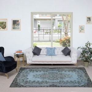 5.8x9 Ft Contemporary Handmade Turkish Wool Area Rug in Baby Blue, Soft Pink & Black Tones. NTEK1259