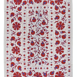 4.8x7.2 ft Crochet Wall Hanging. Silk Embroidery Bed Cover in Cream, Red & Blue. Handmade Bedding, Suzani Tablecloth. NRS186
