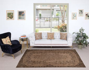 5.6x9 Ft Vintage Handmade Turkish Wool Area Rug Overdyed in Brown for Modern Interiors | NTEK2438